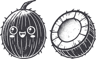 Grunge-Style Coconut Smiling Fruit Character with Texture, Rough Hand-Drawn with Grainy Print Effect.