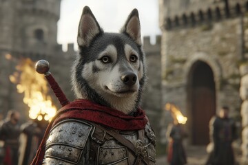 Noble Canine Knight in Shining Armor - A faithful dog in medieval armor at ancient castle courtyard