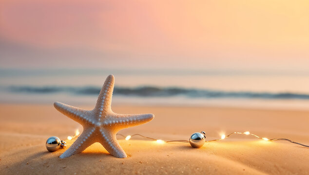 Starfish and Christmas ornament with string lights on sandy beach at sunset. Coastal holiday theme. Holiday beach vacation concept for Christmas card, invitation, postcard, banner.
