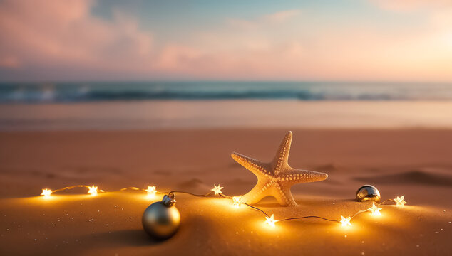Starfish and Christmas ornament with string lights on sandy beach at sunset. Coastal holiday theme. Holiday beach vacation concept for Christmas card, invitation, postcard, banner.
