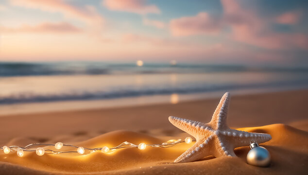 Starfish and Christmas ornament with string lights on sandy beach at sunset. Coastal holiday theme. Holiday beach vacation concept for Christmas card, invitation, postcard, banner.
