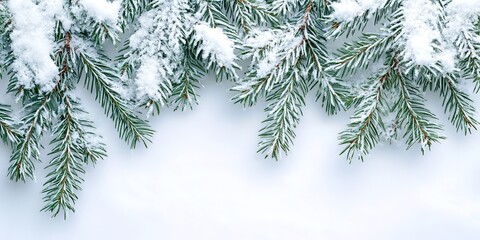 Snow-covered spruce branches in the form of a garland on a light background