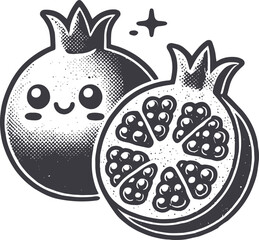 Grunge-Style Pomegranate Smiling Fruit Character with Texture, Rough Hand-Drawn with Grainy Print Effect.