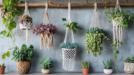 A bohemian-inspired setup with macrame hanger pots and trailing succulents, hanging from a driftwood rod