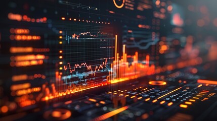 Control panel with a monitor that displays graphs showing the state of business development in dark tones