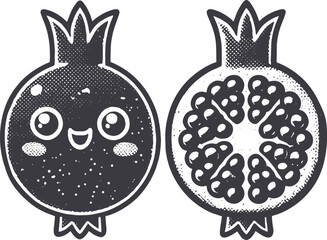 Grunge-Style Pomegranate Smiling Fruit Character with Texture, Rough Hand-Drawn with Grainy Print Effect.