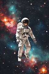 a person in a white astronaut suit floating in space, with a vibrant, colorful background