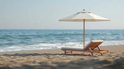 Obraz premium Serene beach landscape with wooden deck chair under a white umbrella.