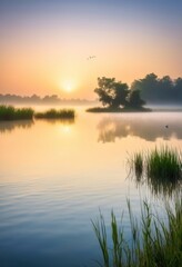 Obraz premium tranquil sunrise reflection serene lake creating peaceful ambiance soft colors calm waters, nature, sky, clouds, light, landscape, dawn, stillness, beauty