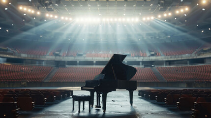 Grand piano on a stage under bright spotlights in a large, empty concert hall