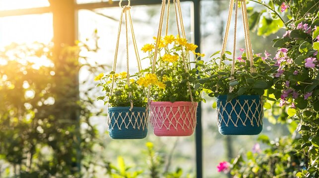 A set of colorful macrame hanger pots with flowering plants, hanging in a sun-drenched conservatory