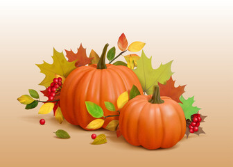 Autumn pumpkins. Happy thanksgiving day design composition, fall food background with halloween party, november maple leaves and berries, leaf harvest. Isolated 3d render vector banner