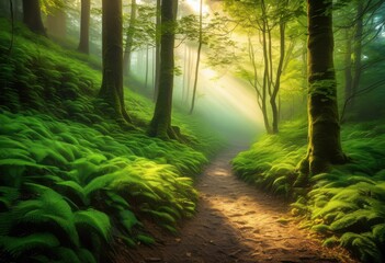 Obraz premium enchanting forest trails enveloped serene morning mist lush greenery gentle sunlight filtering through trees, pathway, woods, dawn, wilderness, trailhead