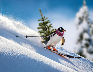 Photo humour, pingouin fait du ski sur la neige avec un sapin sur le dos