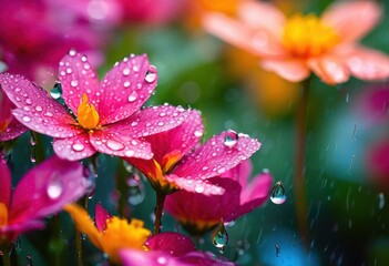 detailed close vibrant raindrops colorful flowers showcasing beauty intricate textures, petal, nature, bloom, garden, botanical, macro, fresh, flora, blossom