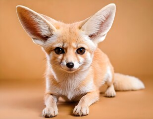 Obraz premium Fennec fox sitting gracefully on light background, showcasing its large ears and playful expression