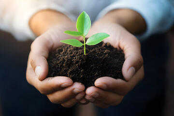 Man hands holding young plant in soil, sustainability, environmental involvement, green concept