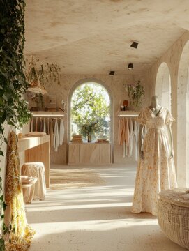 A photorealistic rendering of a fashion studio, with mannequins dressed in handcrafted garments made from eco-friendly fabrics, captured in soft daylight