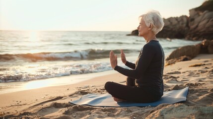 Elderly woman doing yoga on the beach side