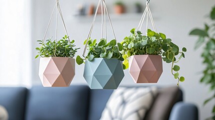 A trio of geometric hanger pots in pastel colors, with trailing plants, suspended in a Scandinavian...