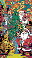 Fototapeta premium A poster with a postmodernist feel, it features a variety of characters dressed in steampunk and Santa Claus costumes, gathered around a Christmas tree.
