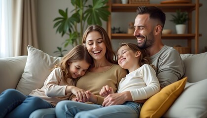Fototapeta premium Happy family at home. Mother father two children daughters relaxing on sofa indoor. Mom dad parents baby girls kids relax playing having fun together. Family smiling laughing enjoying tender moment