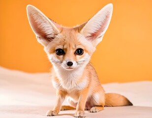 Obraz premium Fennec fox sitting gracefully on light background, showcasing its large ears and playful expression