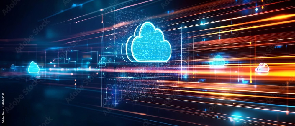 Poster abstract cloud computing concept with glowing cloud symbols and vibrant lines, representing data tra