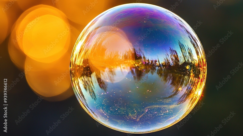 Poster   A clear depiction of a soap bubble containing a mirrored forest within and surrounding trees in the backdrop