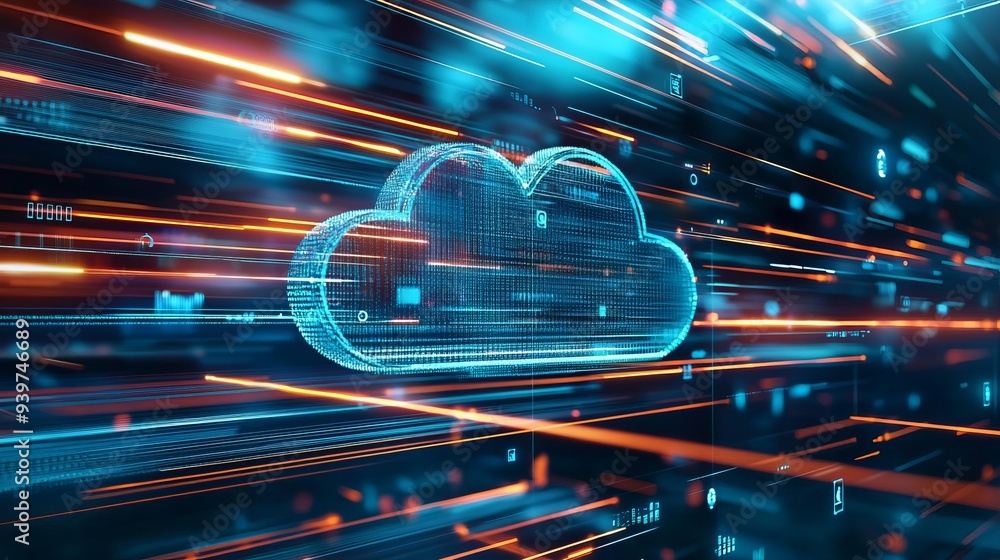 Poster digital cloud representation with data streams, symbolizing fast internet connectivity and modern te