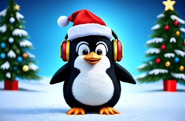 Fototapeta premium Penguin in headphones and Christmas hat next to Christmas tree