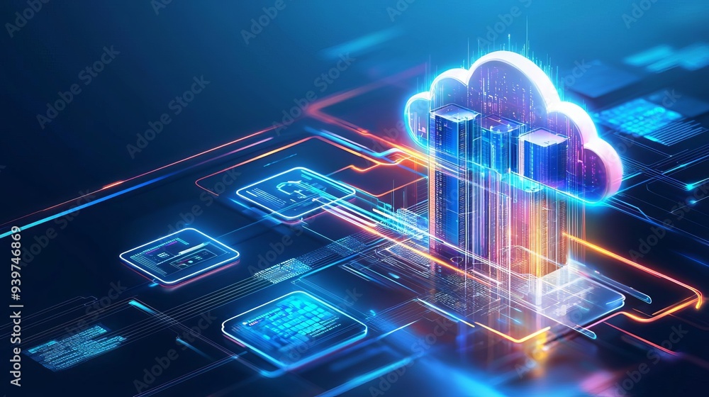 Poster futuristic cloud storage concept illustrating data transfer and technology in a digital environment 