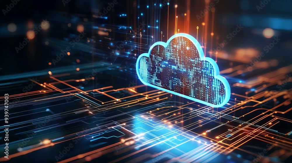 Poster futuristic cloud technology with glowing circuits representing digital data transfer and connectivit