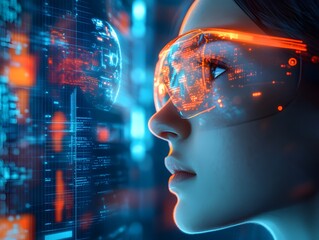Naklejka premium Zukunftstechnologie und künstliche Intelligenz – Frau in digitaler Umgebung