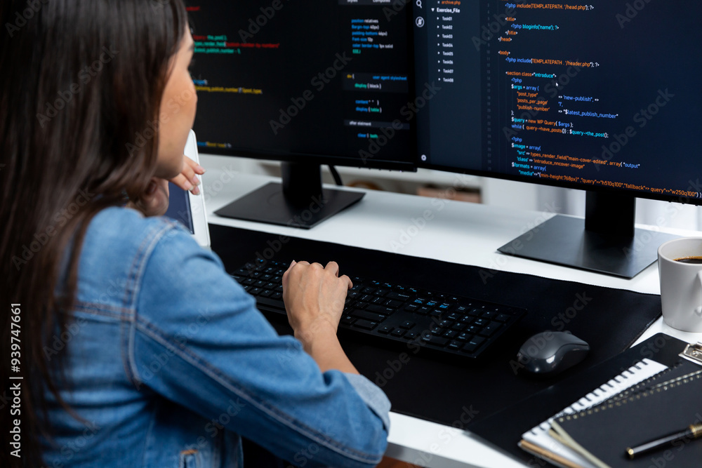 Poster young asian in it developer creating with typing online information on pc with coding program data o