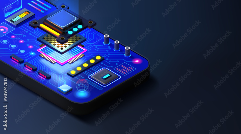 Poster Mobile phone. Smartphone repair. Electronic processor firmware by CPU hardware microchip. Cellphone engineering technology. Microcircuit assembly. Telephone motherboard. Vector background