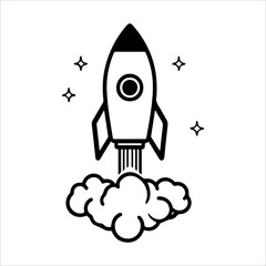 Rocket icon or modern line symbol. Vector line art and icon design with bold outline. Black and white Pixel Perfect minimalistic symbol isolated white background. Silhouette simple thin sign