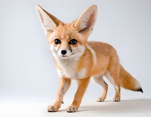 Fototapeta premium Fennec fox sitting gracefully on light background, showcasing its large ears and playful expression