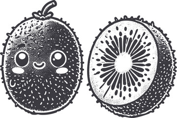 Grunge-Style Kiwi Smiling Fruit Character with Texture, Rough Hand-Drawn with Grainy Print Effect.