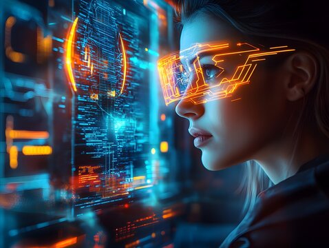 Zukunftstechnologie und k&uuml;nstliche Intelligenz &ndash; Frau in digitaler Umgebung