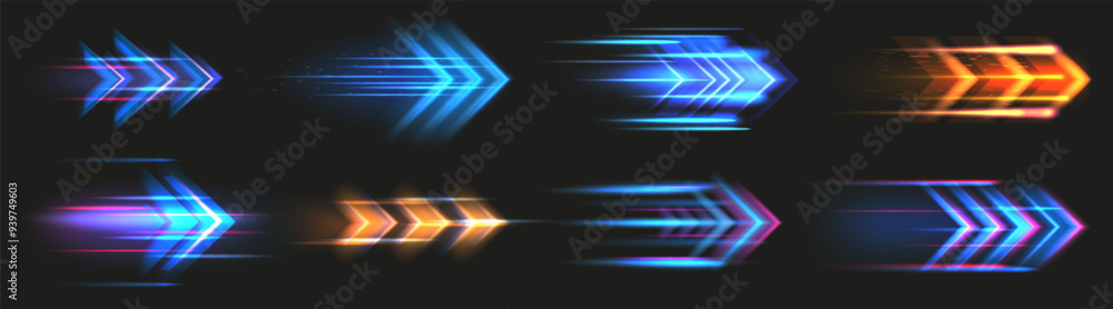 Aufkleber Speed light. Fast movement effect. Abstract action or race energy. Glowing arrow. Dynamic blue design. Blurred direction motion. Rush moving. Navigation icon. Vector shiny pointers set