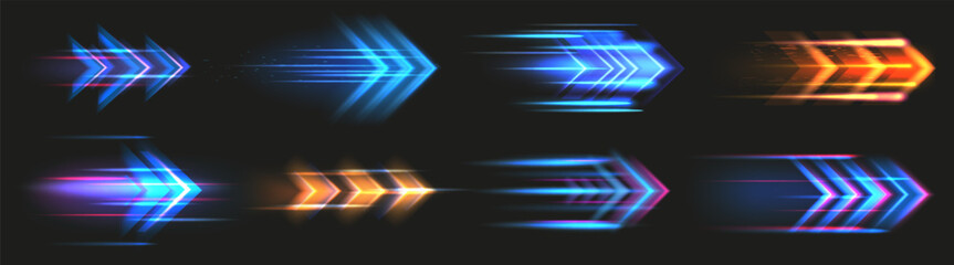 Speed light. Fast movement effect. Abstract action or race energy. Glowing arrow. Dynamic blue design. Blurred direction motion. Rush moving. Navigation icon. Vector shiny pointers set © SpicyTruffel
