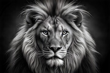 Black and white portrait of a lion king on a black background