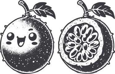 Grunge-Style Passionfruit Smiling Fruit Character with Texture, Rough Hand-Drawn with Grainy Print Effect.