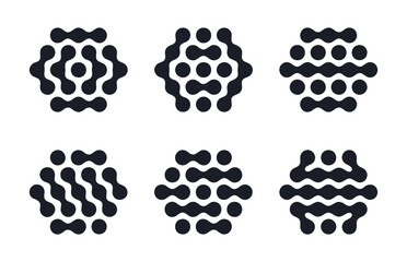 Abstract metaball shapes. Hexagon spotted graphic design elements, connected liquid molecule figures flat vector illustration set. Modern metaball icons