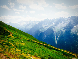 View on jagged mountains of Zillertal alps on a summer day