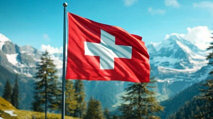 Switzerland flag waving against mountains landscape background. National celebration and patriotism concept. Democratic elections. Swiss culture 
