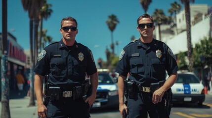 Portrait of two  police officers on the street of Los Angeles, men in police uniforms patrol the city, policeman