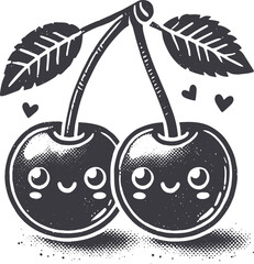 Grunge-Style Cherry Smiling Fruit Character with Texture, Rough Hand-Drawn with Grainy Print Effect.