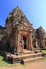 Scenery of Phanom rung castle ancient lintel Narai Banthom Sin lintel, the ancient Khmer style castle in Buriram Province, Thailand 